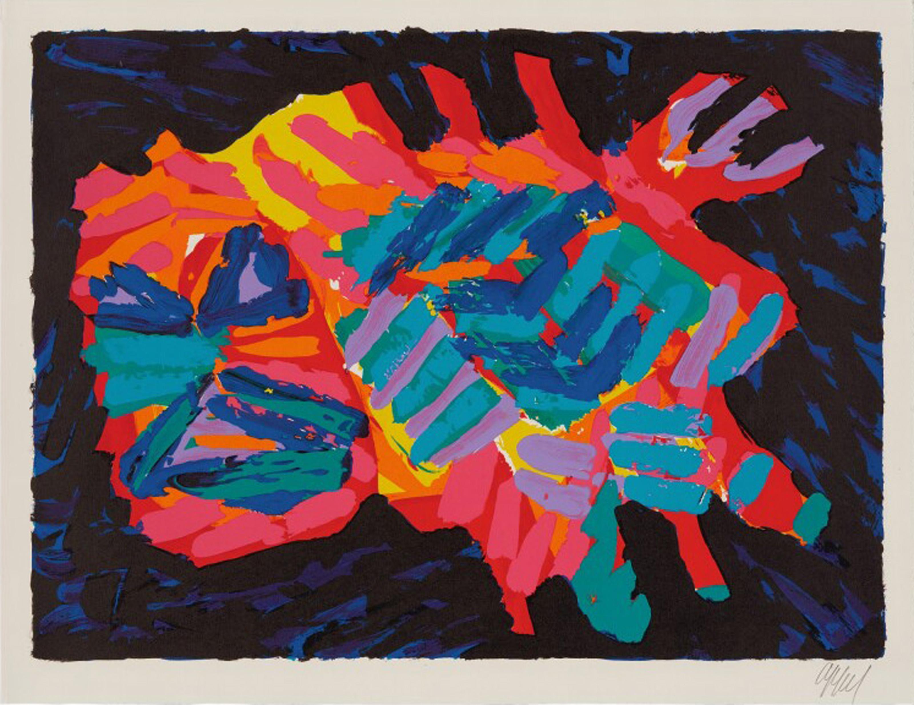 Questa litografia firmata e numerata su carta Japon fa parte di un portfolio di 17 stampe dell'artista moderno Karel Appel. An He ammirava il gatto domestico per il suo comportamento distaccato, ma istintivo, e divenne uno dei suoi soggetti