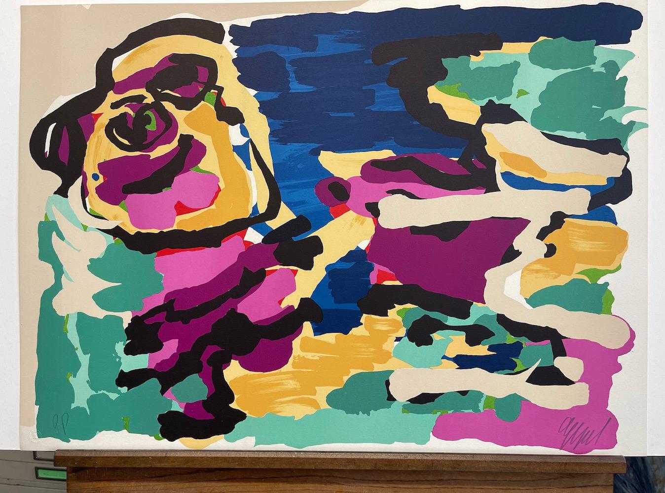 EVENING WALK Signed Lithograph, Abstract Animal Beige, Yellow, Plum, Blue, Green (Schwarz), Animal Print, von Karel Appel
