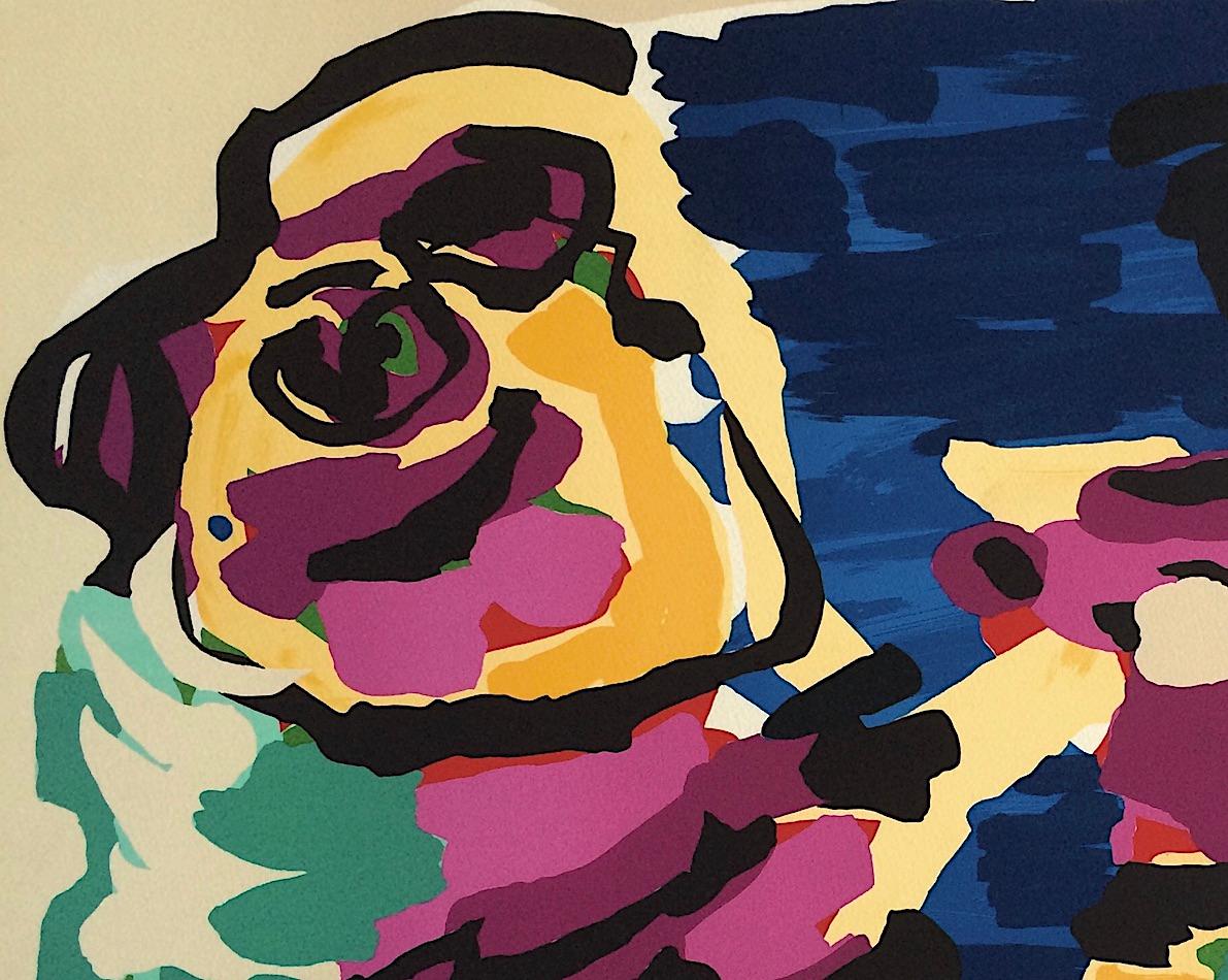 EVENING WALK is an original limited edition lithograph by the Dutch artist Karel Appel printed using hand lithography techniques on Arches paper, 100% acid free. EVENING WALK is a lively, imaginative, multicolor abstract composition comprised of