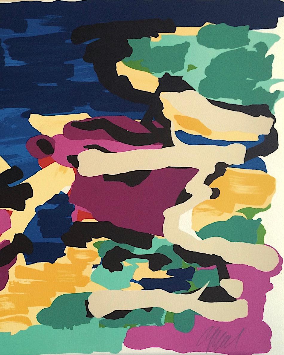 EVENING WALK Signed Lithograph, Abstract Animal Beige, Yellow, Plum, Blue, Green im Angebot 1