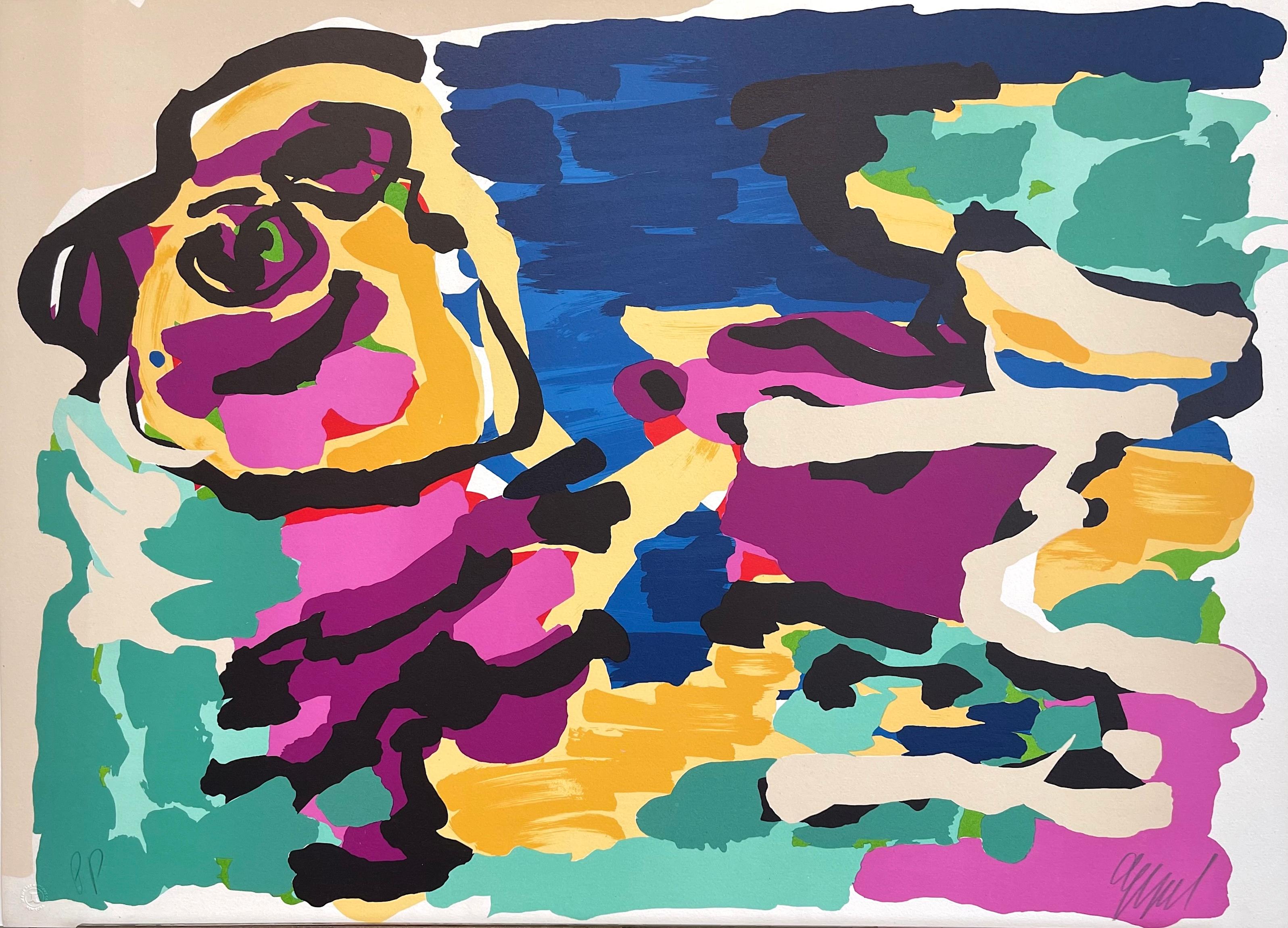 EVENING WALK Signed Lithograph, Abstract Animal Beige, Yellow, Plum, Blue, Green