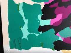 EVENING WALK Signed Lithograph, Abstract Animal Beige, Yellow, Plum, Blue, Green