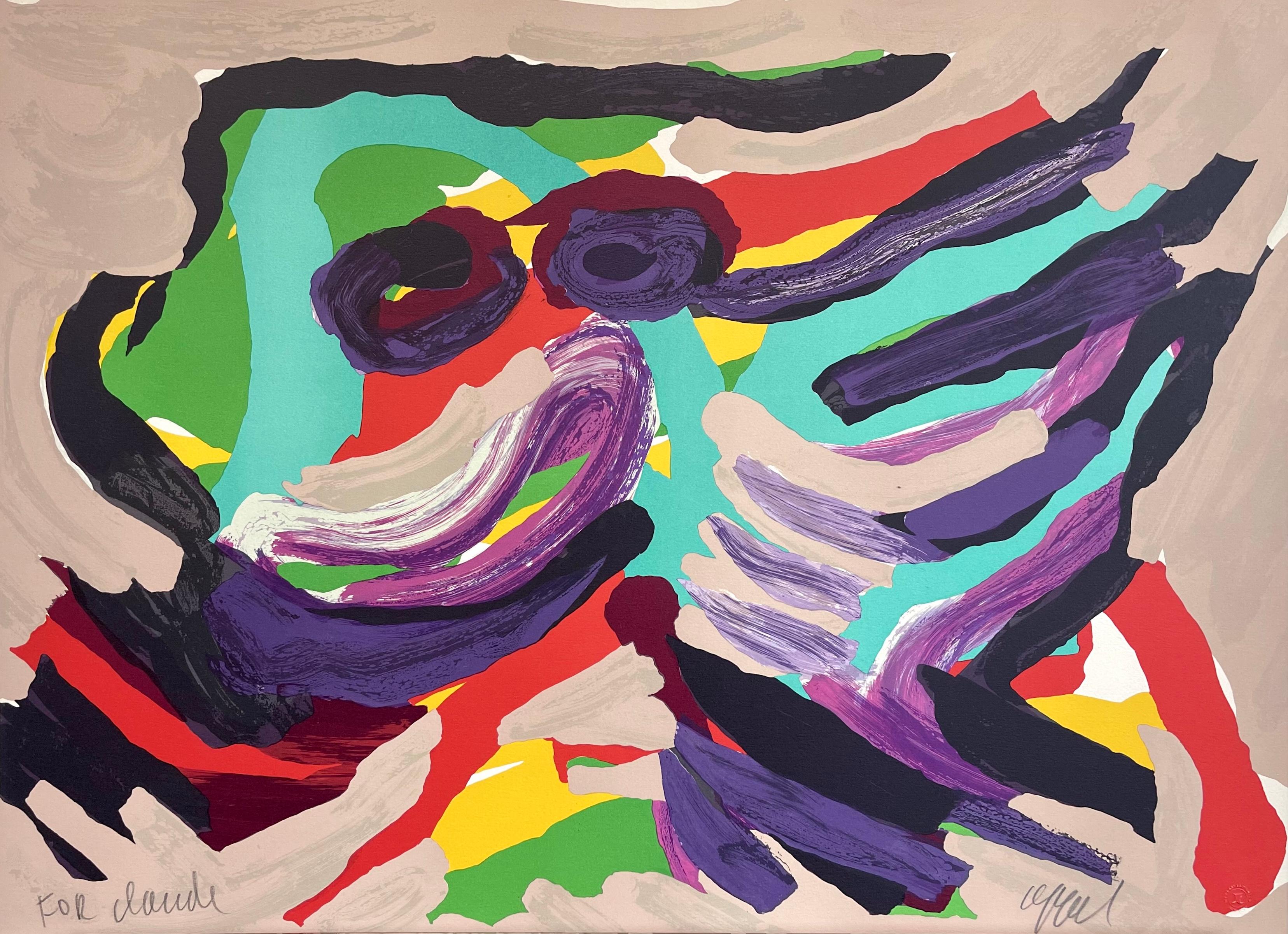 Karel Appel Animal Print - FANTASTIC ANIMAL Signed Lithograph, Color Abstract Creature Sideways Smiley Face