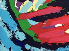 Lithographie signée FLYING HEAD OVER OCEAN (FLYING HEAD OVER OCEAN), visage abstrait, tête verte, sourire rouge