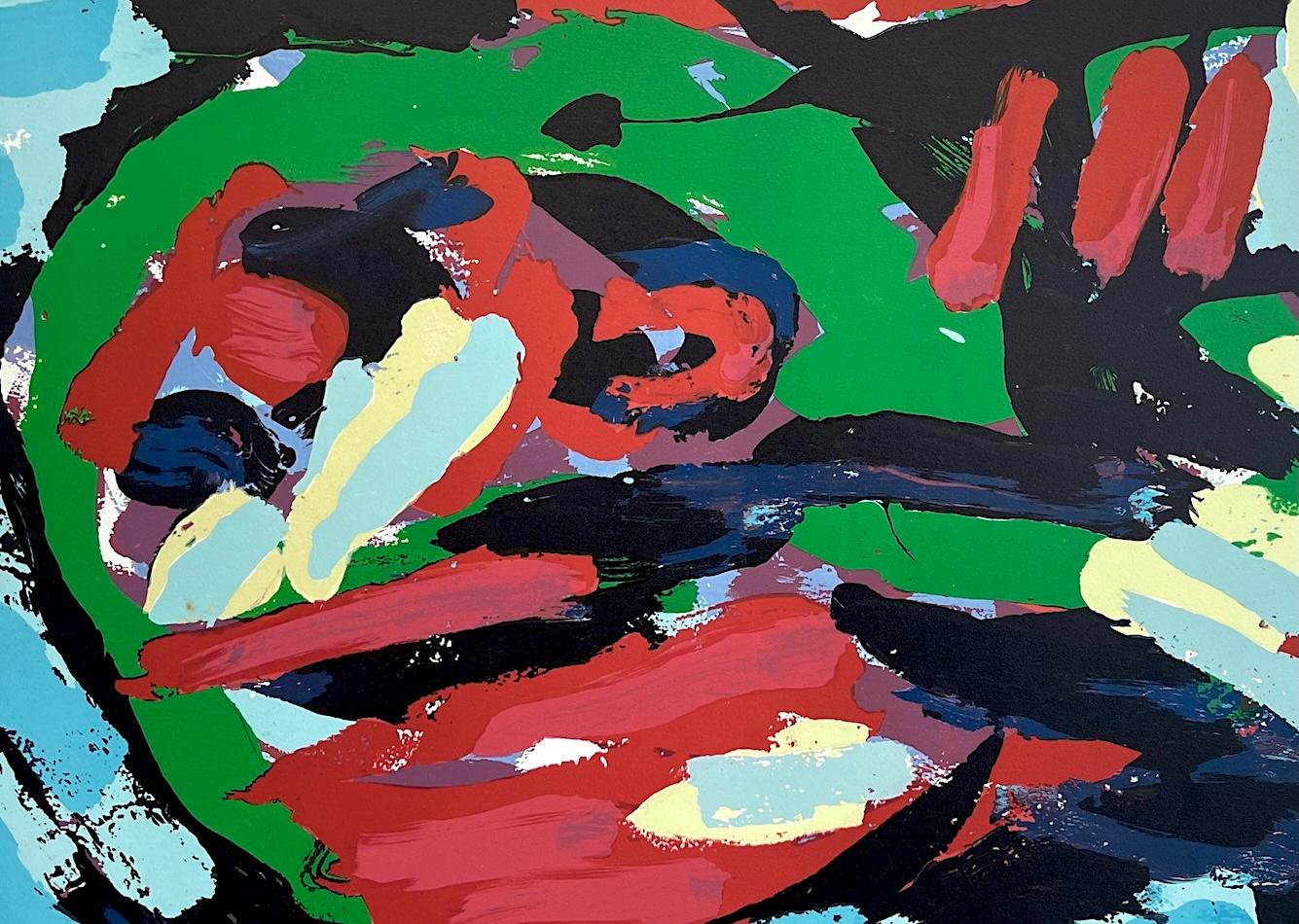 TESTA VOLANTE SOPRA L'OCEANO Litografia firmata, Volto astratto, Azzurro, Verde, Rosso - Print Astratto di Karel Appel