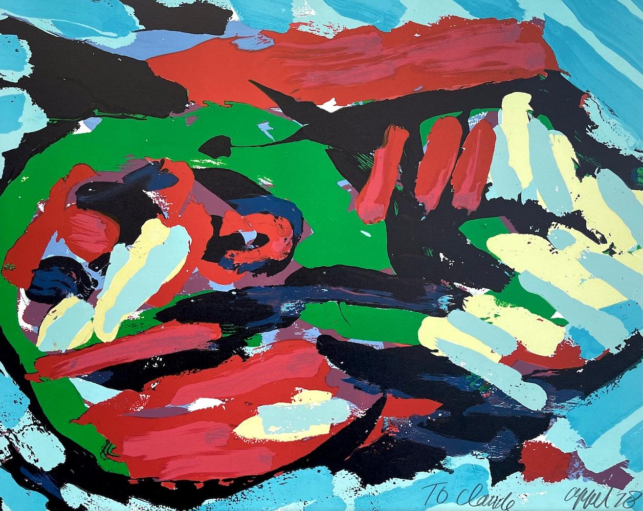 TESTA VOLANTE SOPRA L'OCEANO Litografia firmata, Volto astratto, Azzurro, Verde, Rosso - Print di Karel Appel