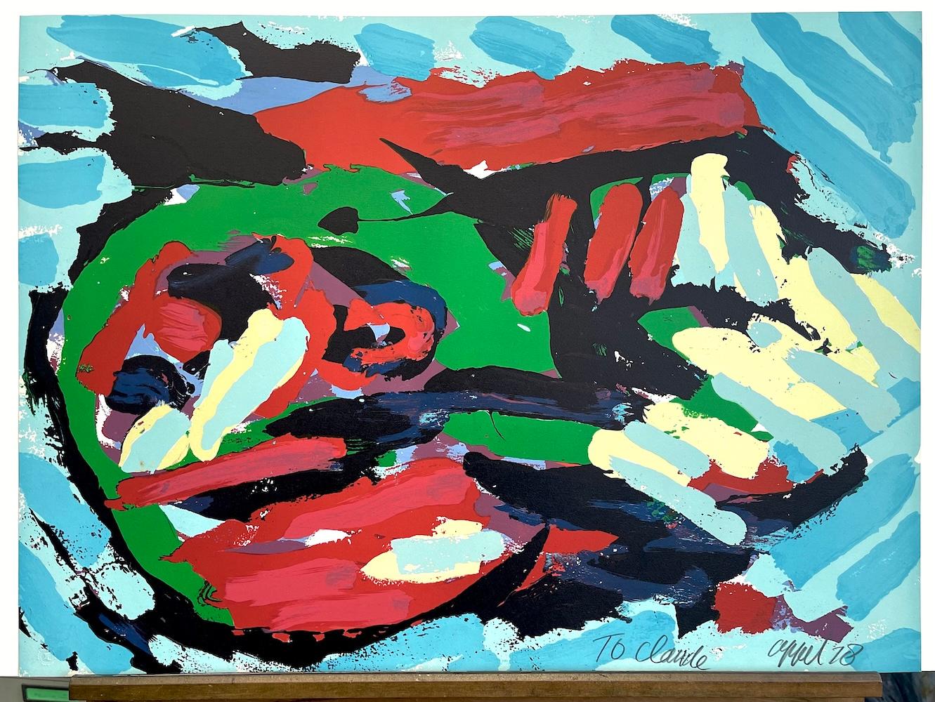TESTA VOLANTE SOPRA L'OCEANO Litografia firmata, Volto astratto, Azzurro, Verde, Rosso in vendita 3
