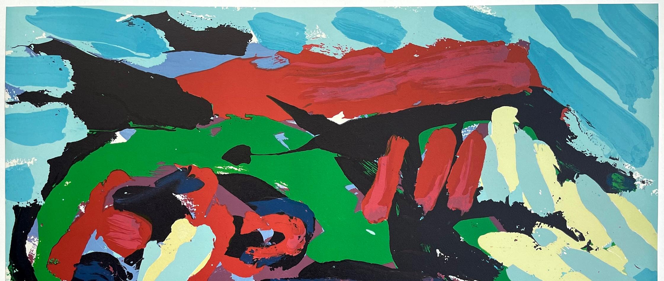 TESTA VOLANTE SOPRA L'OCEANO Litografia firmata, Volto astratto, Azzurro, Verde, Rosso in vendita 1