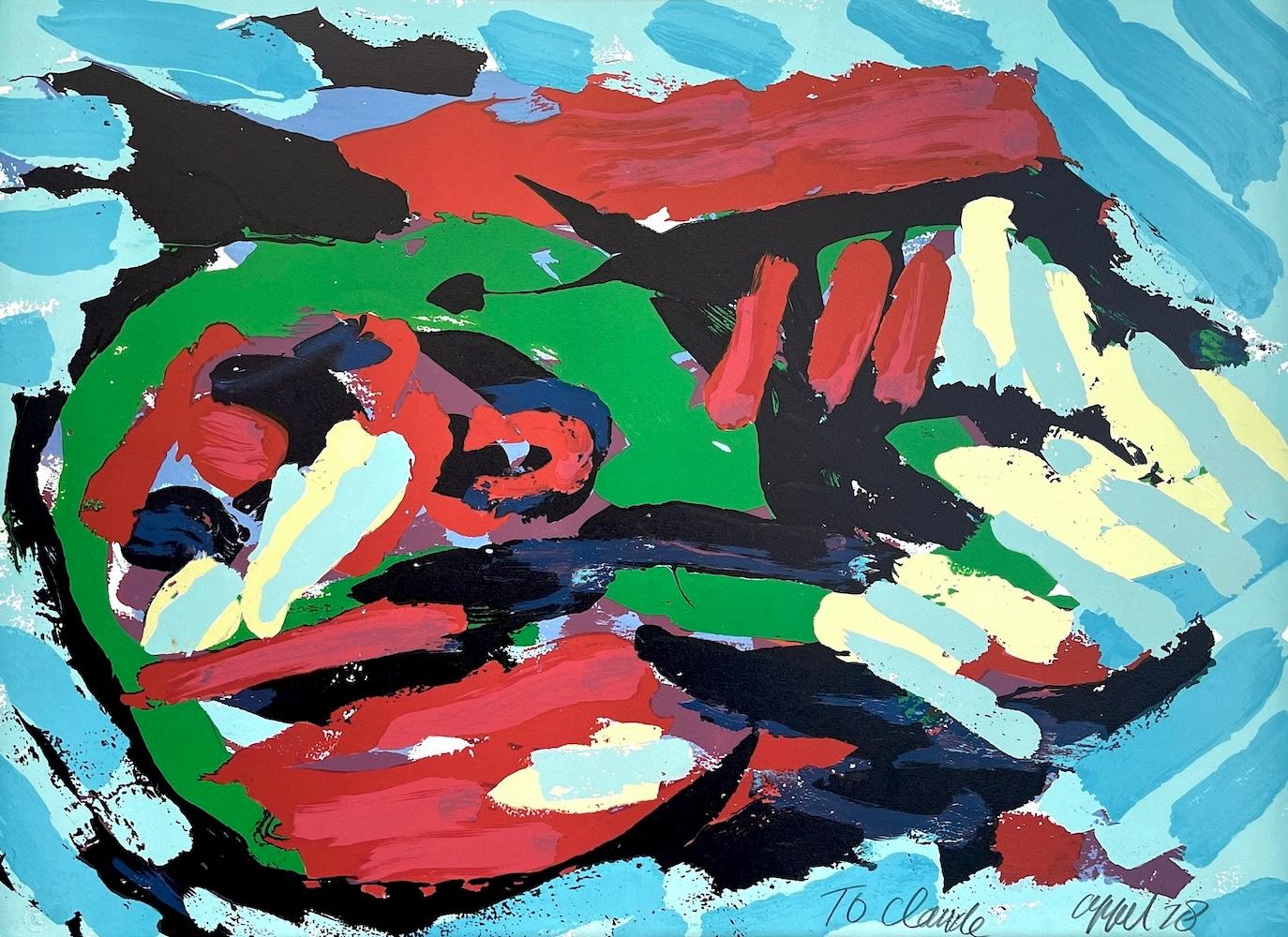 Abstract Print di Karel Appel - TESTA VOLANTE SOPRA L'OCEANO Litografia firmata, Volto astratto, Azzurro, Verde, Rosso