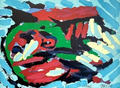 TESTA VOLANTE SOPRA L'OCEANO Litografia firmata, Volto astratto, Azzurro, Verde, Rosso