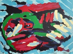 CABEZA VOLADORA SOBRE EL OCÉANO Litografía firmada, Rostro abstracto, Azul claro, Verde, Rojo