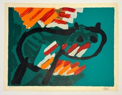 Karel Appel Abstract Cat Color Lithograph Print, Signed, 1978, Green Cat