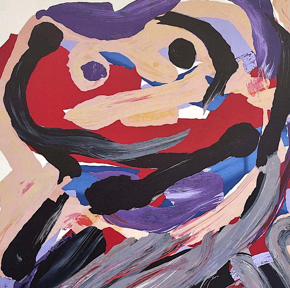 HAPPY BATTLE Lithographie signée, visages abstraits, beige violet rouge gris bleu noir - Print de Karel Appel