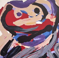 HAPPY BATTLE Signed Lithograph, Abstract Faces, Beige Purple Red Gray Blue Black