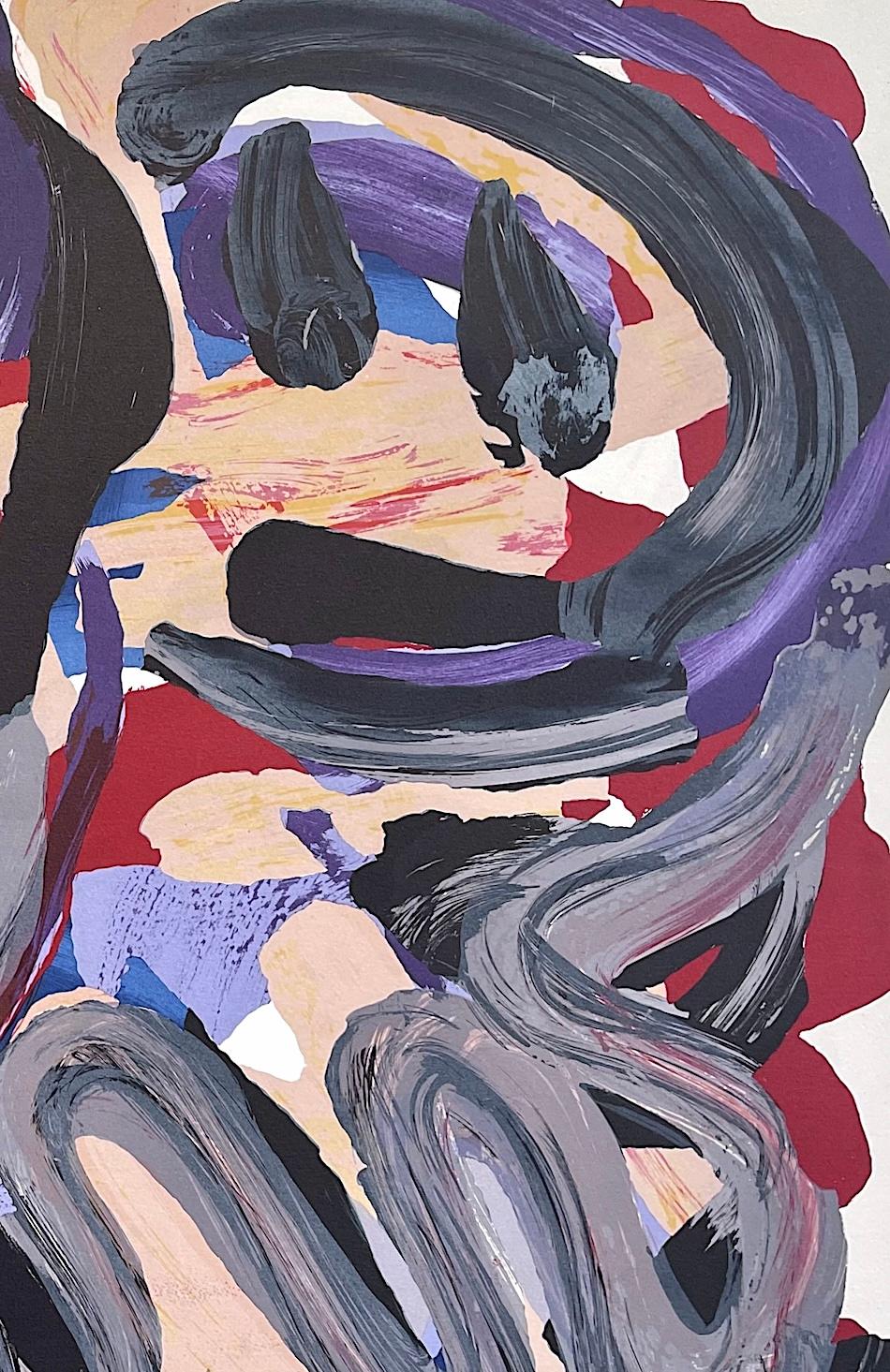 HAPPY BATTLE Litografia firmata, Volti astratti, Beige Viola Rosso Grigio Blu Nero - Print Astratto di Karel Appel