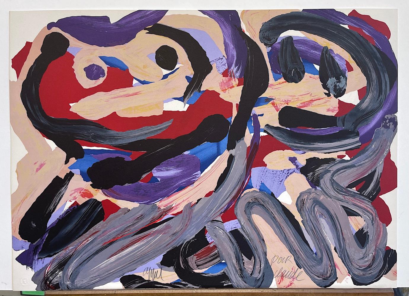 HAPPY BATTLE Litografia firmata, Volti astratti, Beige Viola Rosso Grigio Blu Nero in vendita 4