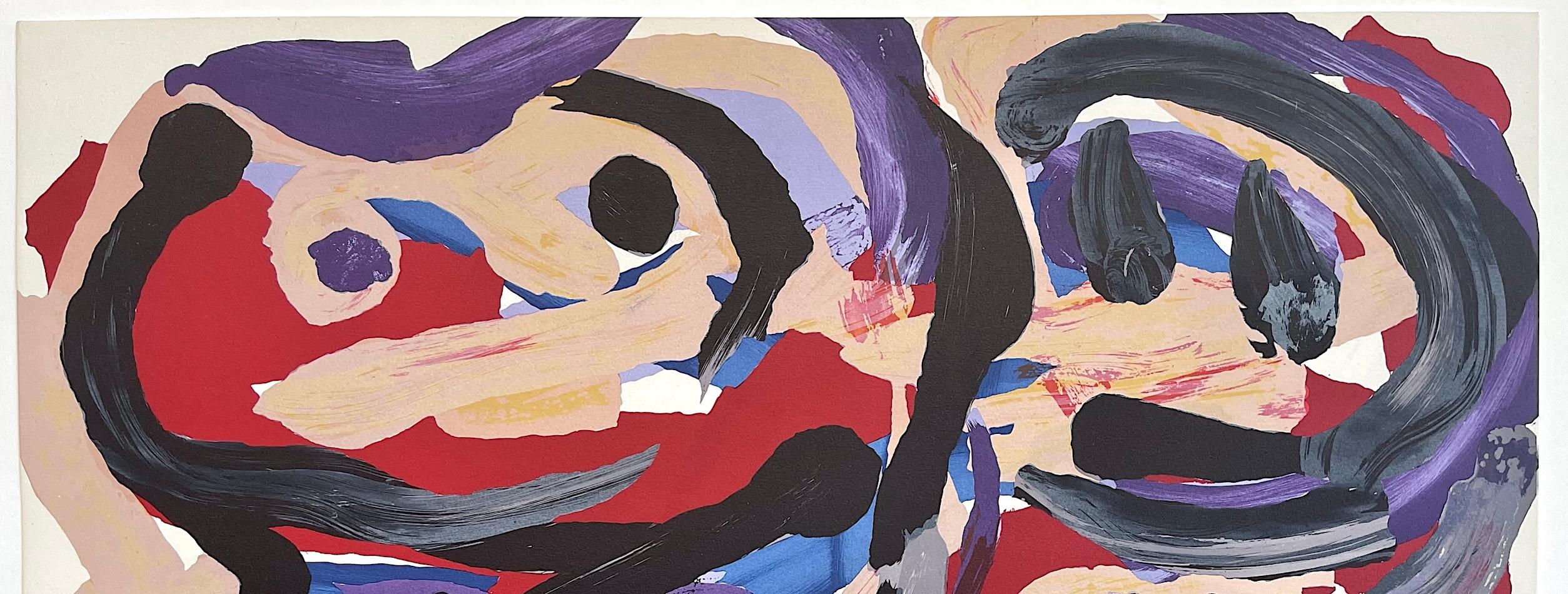 HAPPY BATTLE Lithographie signée, visages abstraits, beige violet rouge gris bleu noir en vente 1