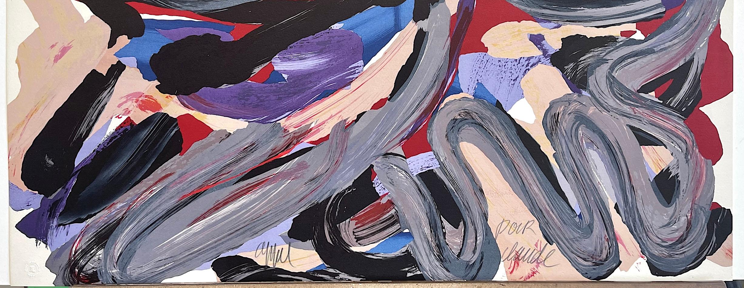 HAPPY BATTLE Lithographie signée, visages abstraits, beige violet rouge gris bleu noir en vente 2
