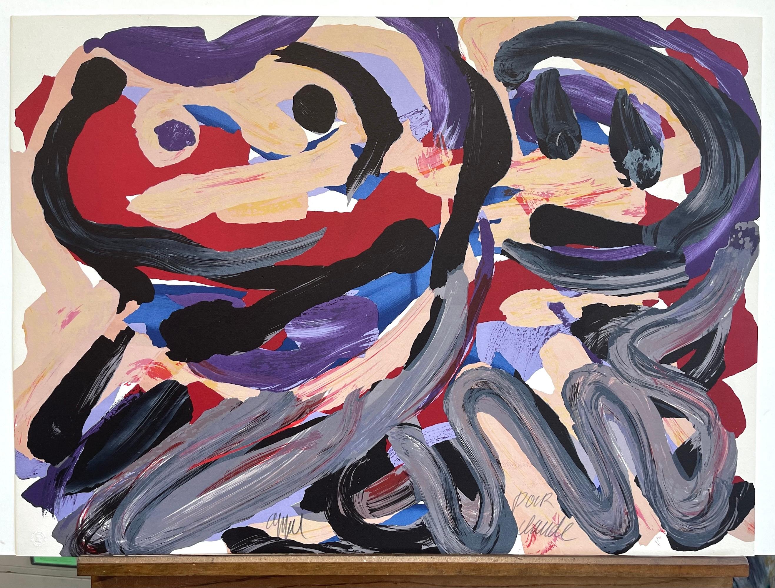 HAPPY BATTLE Lithographie signée, visages abstraits, beige violet rouge gris bleu noir en vente 3