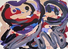 HAPPY BATTLE Litografia firmata, Volti astratti, Beige Viola Rosso Grigio Blu Nero
