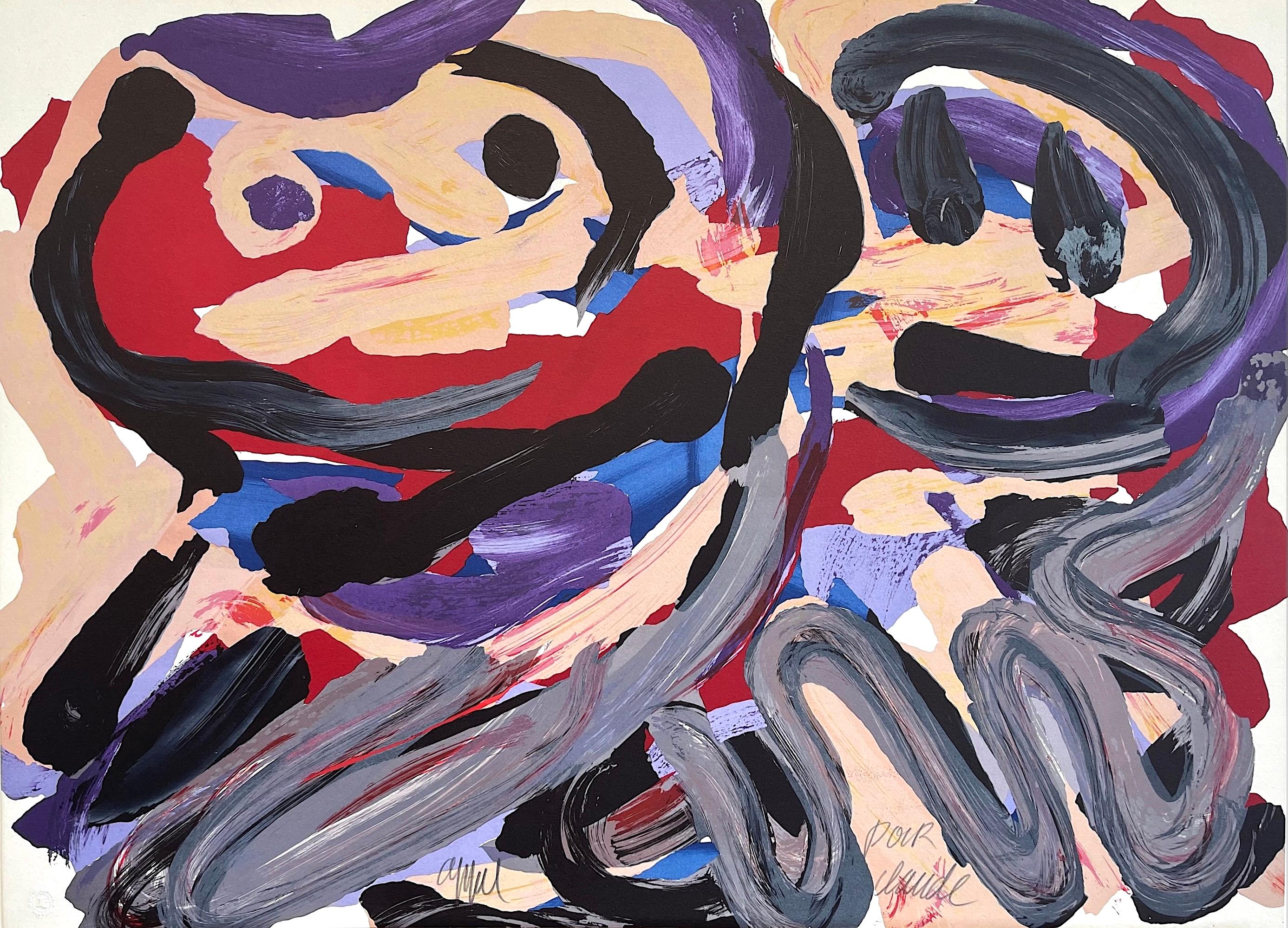 Portrait Print Karel Appel - HAPPY BATTLE Lithographie signée, visages abstraits, beige violet rouge gris bleu noir
