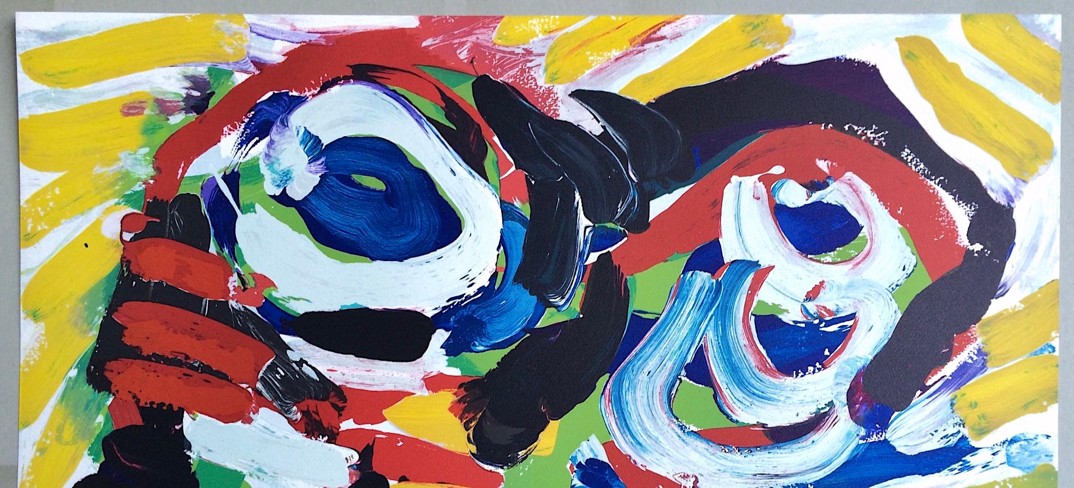 HAPPY COUPLE I Litografia firmata, Ritratto astratto, Giallo, Blu, Nero, Rosso in vendita 1