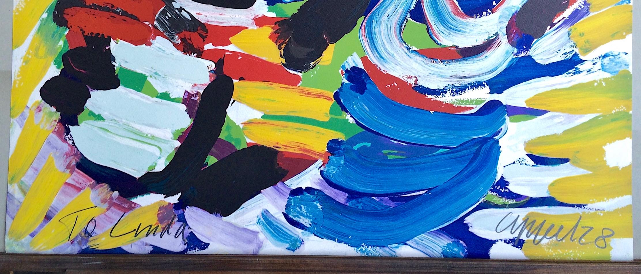 HAPPY COUPLE I Litografia firmata, Ritratto astratto, Giallo, Blu, Nero, Rosso in vendita 2
