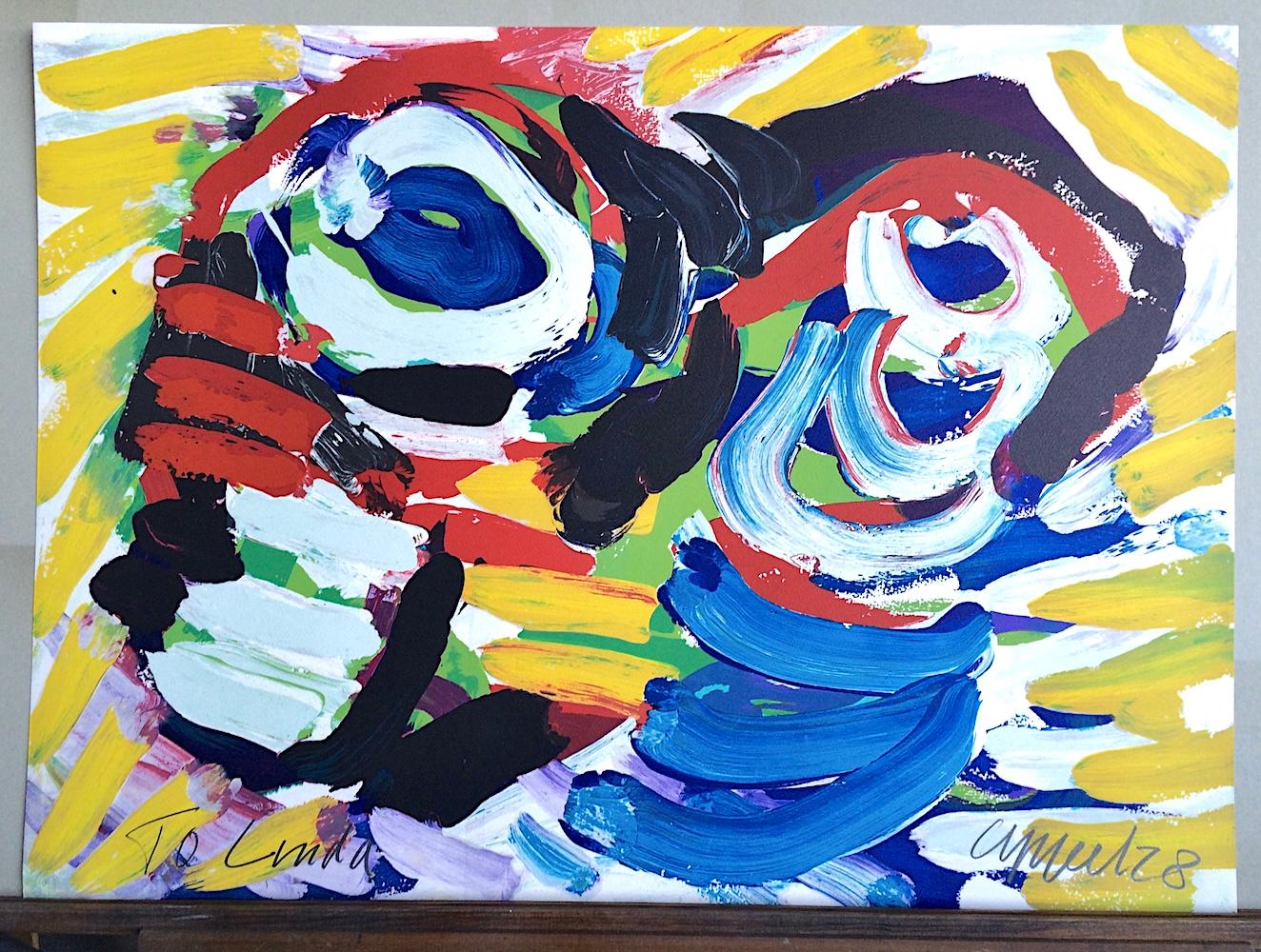 HAPPY COUPLE I Litografia firmata, Ritratto astratto, Giallo, Blu, Nero, Rosso in vendita 3