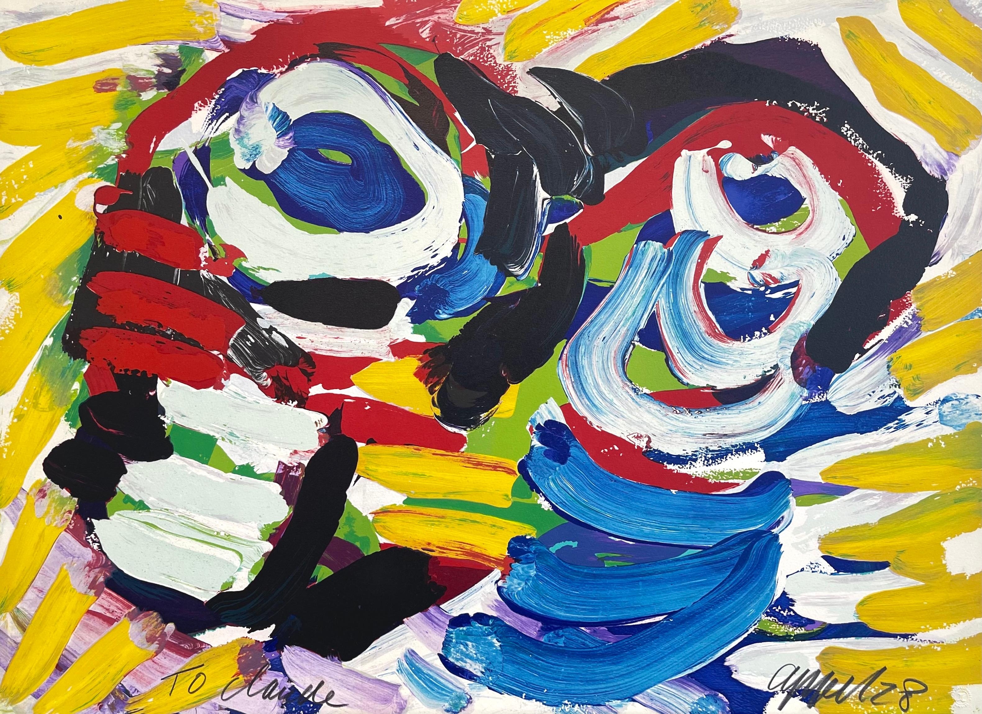 PAREJA FELIZ I Litografía firmada, Retrato abstracto, Amarillo, Azul, Negro, Rojo