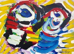 PAREJA FELIZ I Litografía firmada, Retrato abstracto, Amarillo, Azul, Negro, Rojo