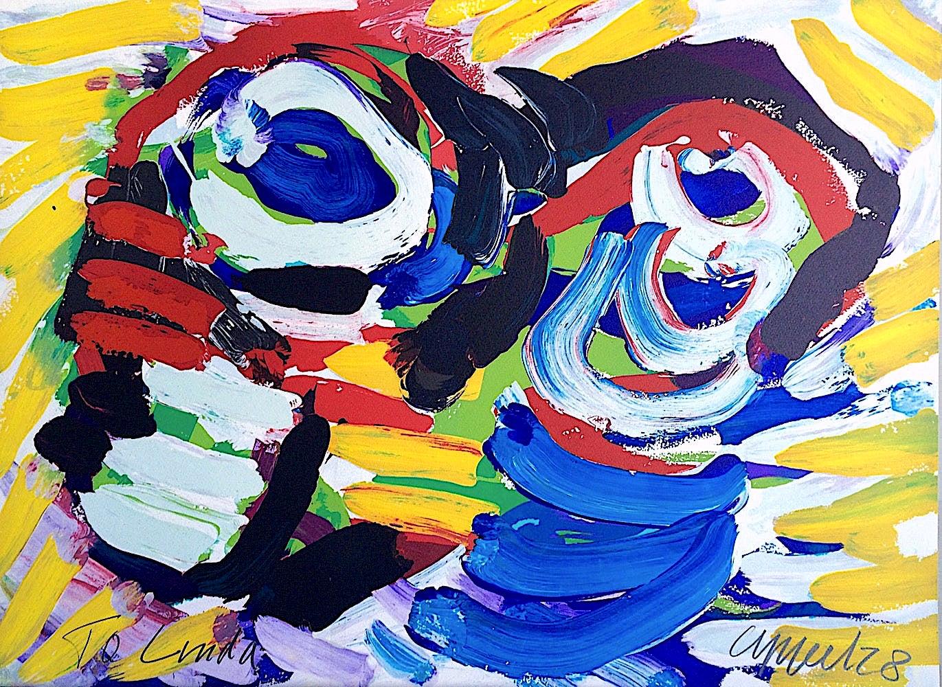 HAPPY COUPLE I Signed Lithograph, Abstract Portrait, Yellow, Blue, Red Face