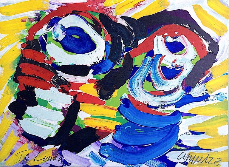 Karel Appel Portrait Print - HAPPY COUPLE I Signed Lithograph, Abstract Portrait, Yellow, Blue, Red Face