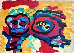 Vintage HAPPY COUPLE Signed Lithograph, Colorful Abstract Portrait, CoBrA Artist