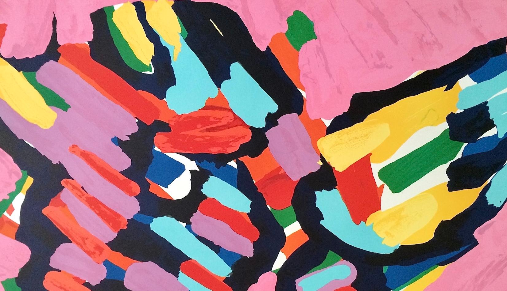 HAPPY IN PINK Litografia firmata, figura astratta, nero giallo rosso lavanda acqua - Print di Karel Appel