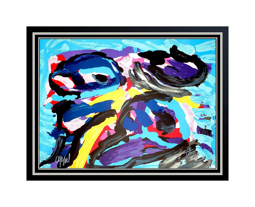 Karel Appel Authentic and Large Lithograph "Three Faces Like Clouds", Custom Framed and listed with the Submit Best Offer option
Accepting Offers Now:  Up for sale here we have an Extremely Rare, Hand Signed and Numbered lithograph in color by Karel