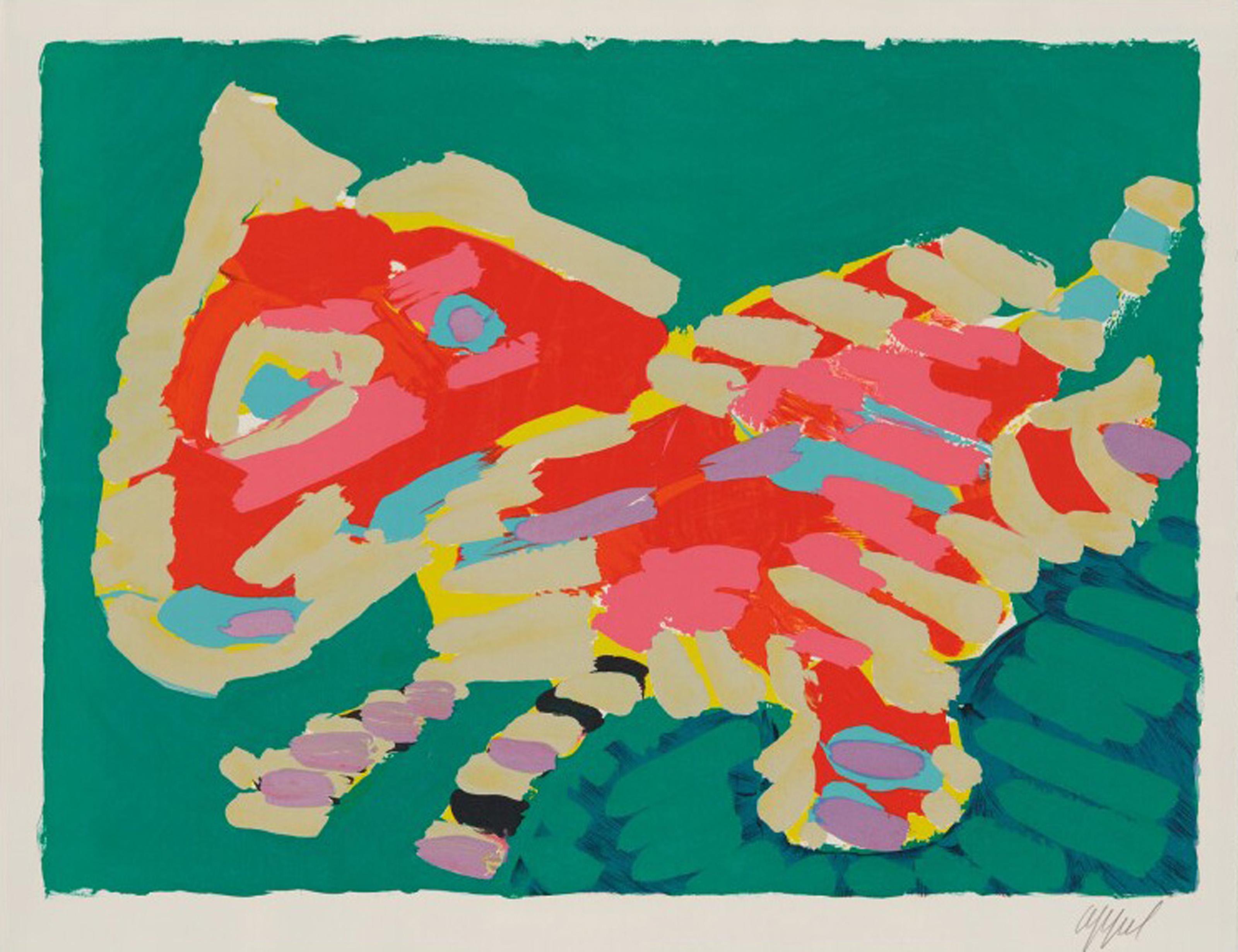 Cette lithographie signée et numérotée sur papier Japon est issue d'un portfolio de 17 estampes de l'artiste moderne Karel Appel. Il admire le chat domestique pour son comportement distant, mais instinctif, et il en fait l'un de ses sujets préférés.