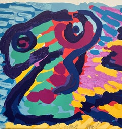 LYING IN COLORS Signed Lithograph, Abstract Figures, Blue Green Yellow Red Plum