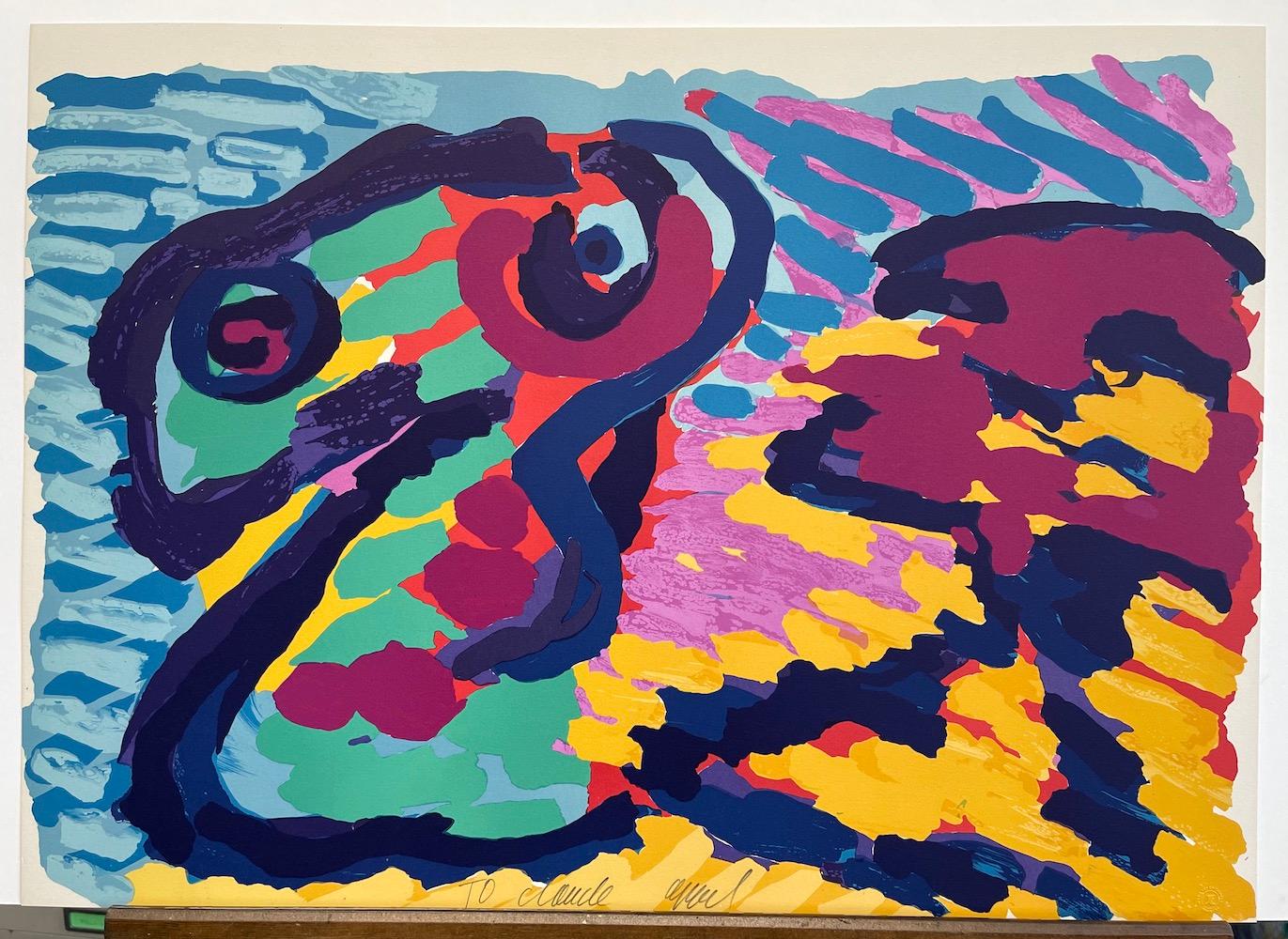 LYING IN COLORS is an original limited edition lithograph by the Dutch artist Karel Appel printed using hand lithography techniques on Somerset paper, 100% acid free.
LYING IN COLORS is a wild, imaginative abstract portrait consisting of lively
