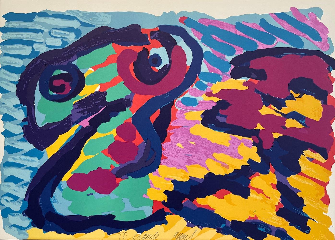 Karel Appel Animal Print - LYING IN COLORS Signed Lithograph, Abstract Figures, Blue Green Yellow Red Plum