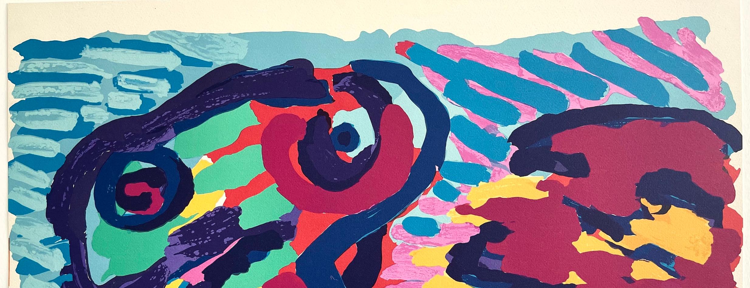 LYING IN COLORS Signed Lithograph, Abstract Figures, Blue Green Yellow Red Plum For Sale 1