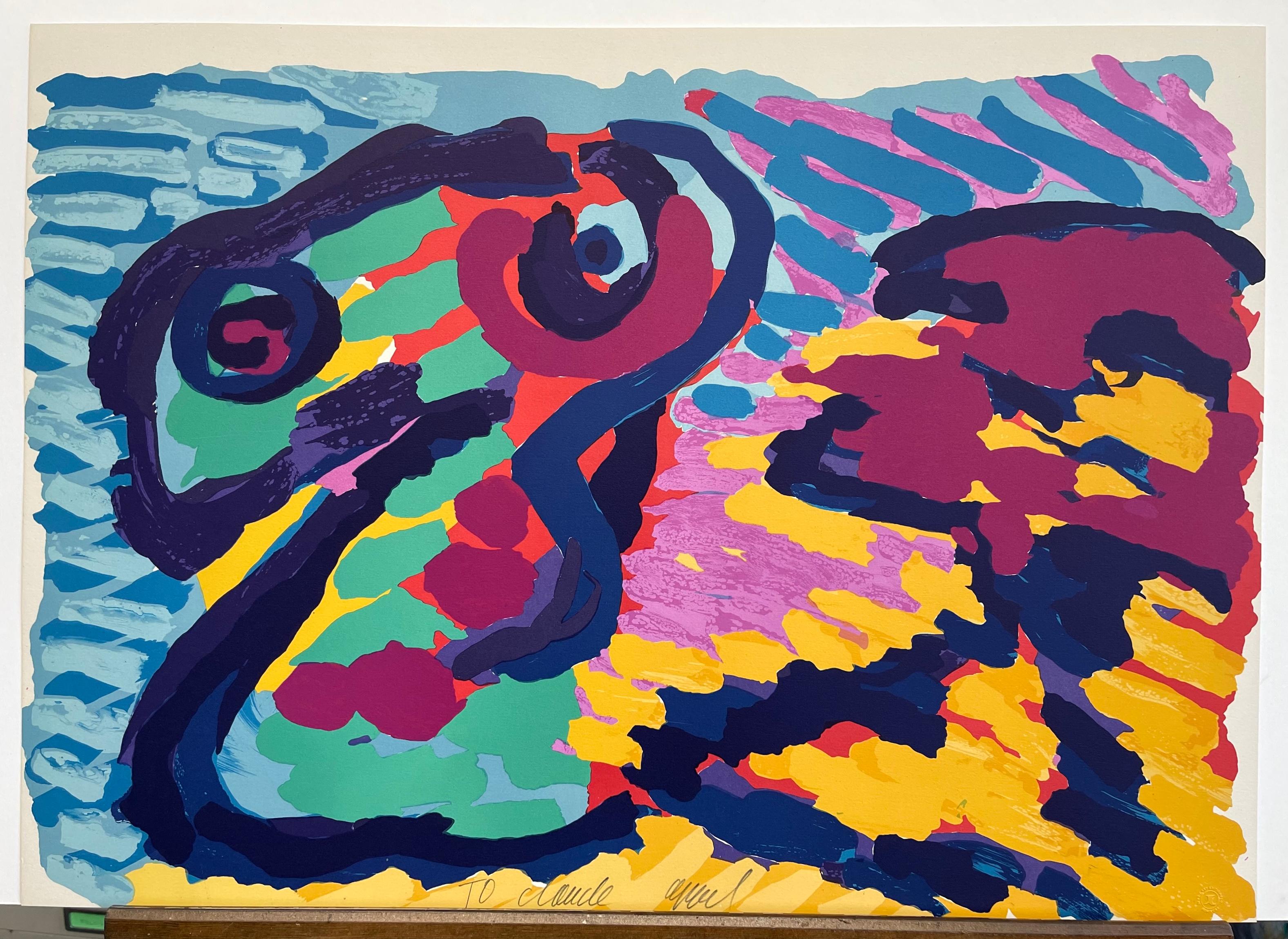 LYING IN COLORS Signed Lithograph, Abstract Figures, Blue Green Yellow Red Plum For Sale 2