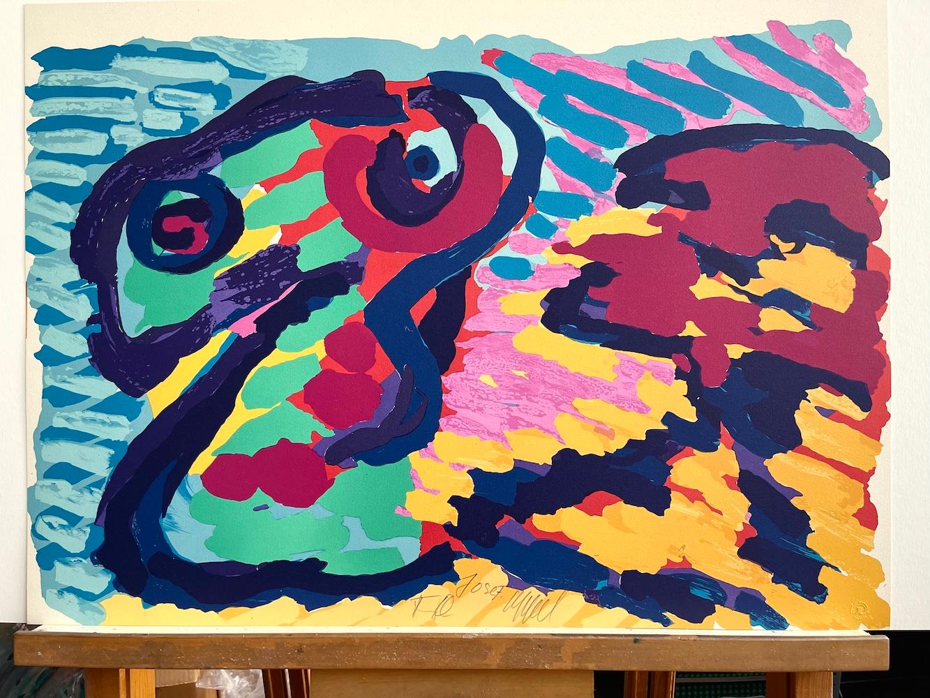 LYING IN COLORS Signed Lithograph, Abstract Figures, Blue Green Yellow Red Plum For Sale 3