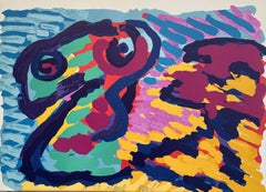 LYING IN COLORS Signierte Lithographie, Abstrakte Figuren, Blau Grün Gelb Rot Pflaume
