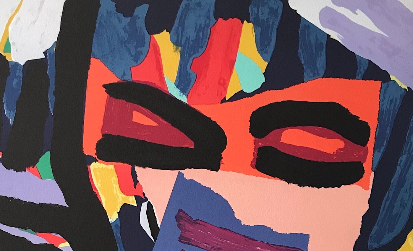Personaje Cara Máscara, Litografía Firmada, Retrato Collage Abstracto, Artista CoBrA en venta 2