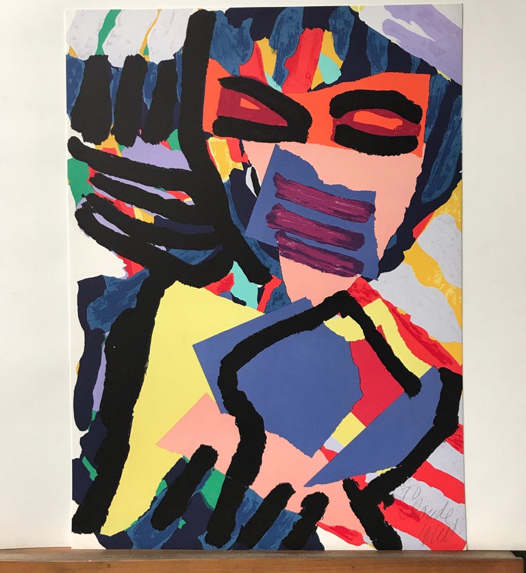 Mask Face Personage, Signed Original Lithograph, Abstract Figurative, CoBrA Art - Print by Karel Appel