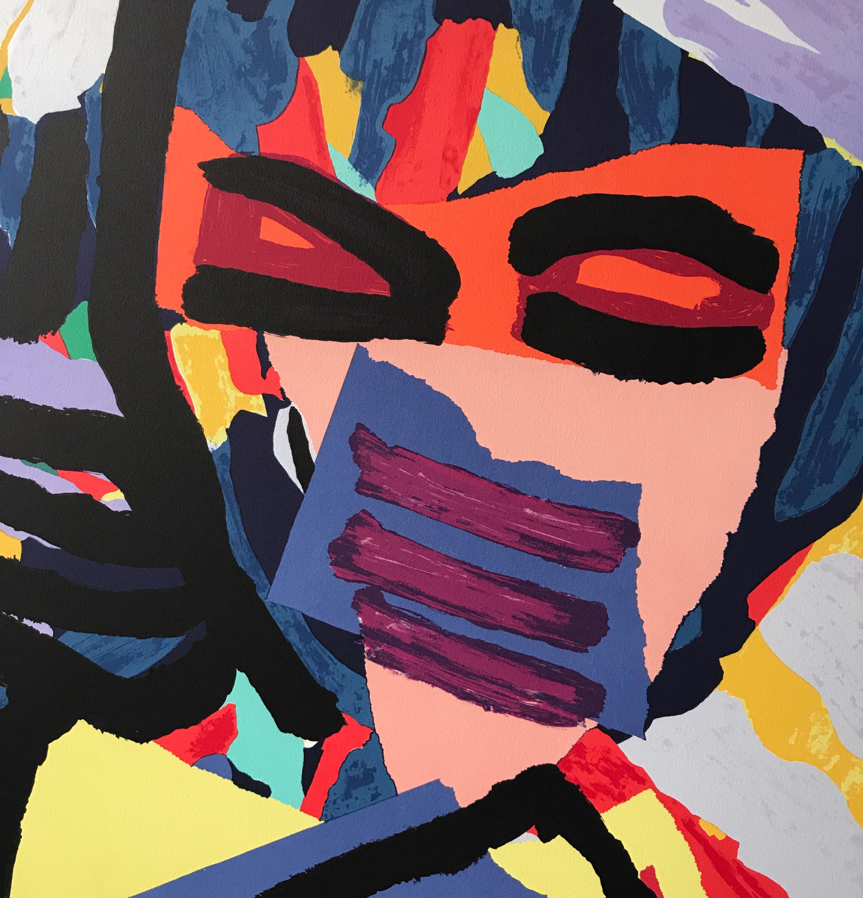 Mask Face Personage ist eine Original-Lithografie des niederländischen Künstlers Karel Appel in limitierter Auflage, gedruckt im Handlithografie-Verfahren auf archivfähigem Arches-Papier, 100% säurefrei. Mask Face Personage präsentiert ein