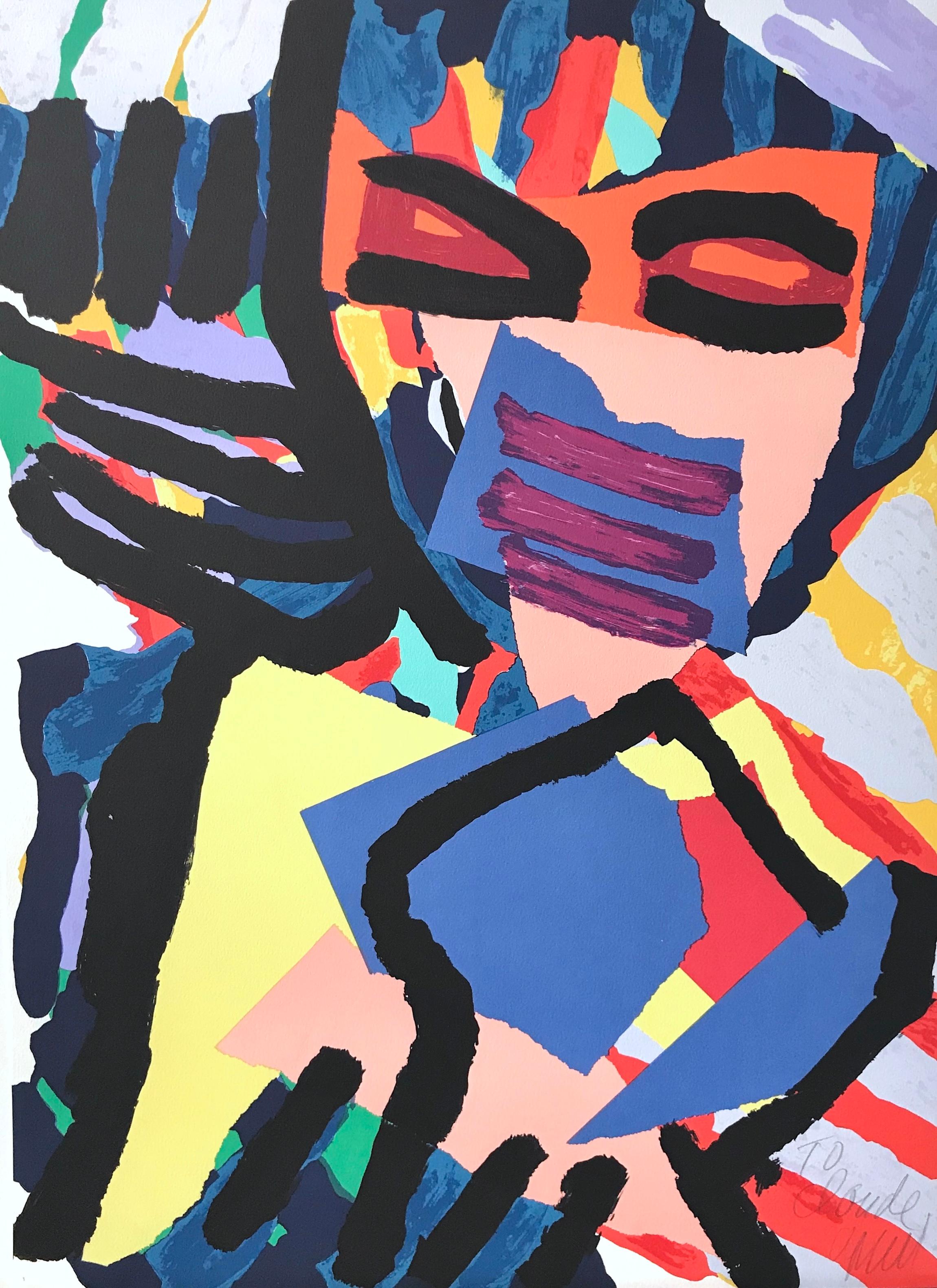 Personaje Cara Máscara, Litografía Firmada, Retrato Collage Abstracto, Artista CoBrA