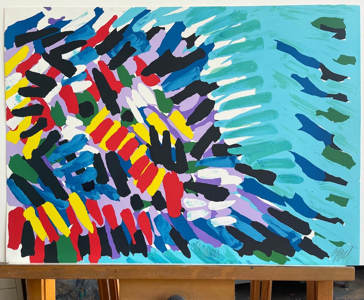 MOVING FACE IN A BLUE SEA Signed Lithograph, Abstract Creature, Aqua Blue For Sale 5