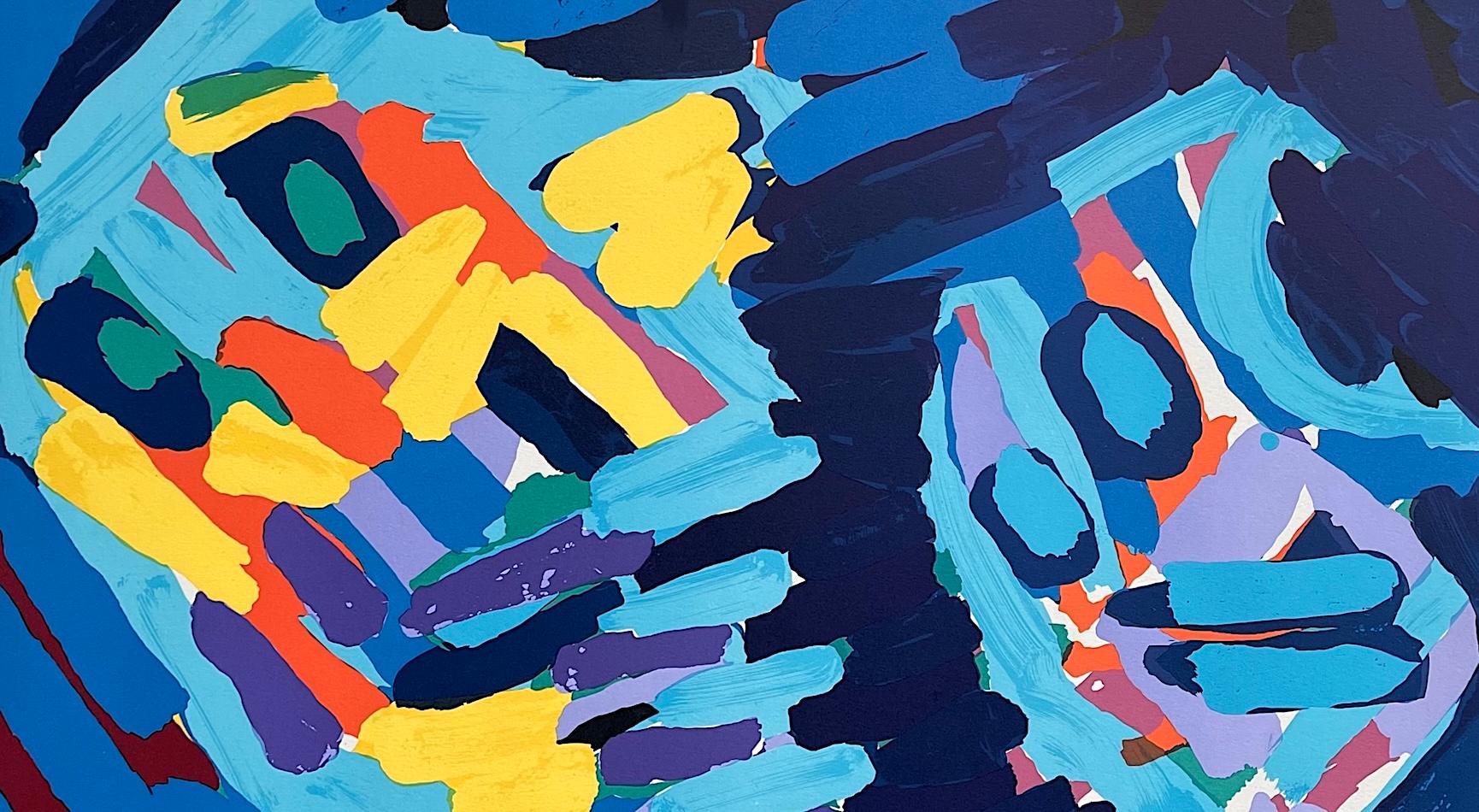 MOVING IN THE NIGHT Litografia firmata, Figurativa astratta, Blu, Giallo, Arancione - Print di Karel Appel