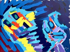 MOVING IN THE NIGHT Litografia firmata, Figurativa astratta, Blu, Giallo, Arancione